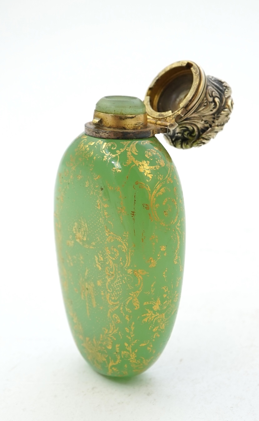 A late 19th century gilt white metal mounted green opaline glass scent flask, by Sampson Mordan & Co